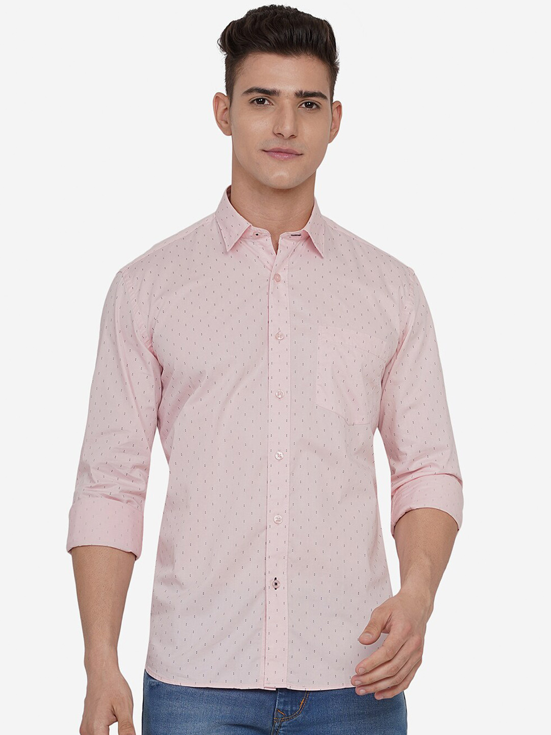 

JADE BLUE Men Light Pink Custom Slim Fit Printed Cotton Casual Shirt