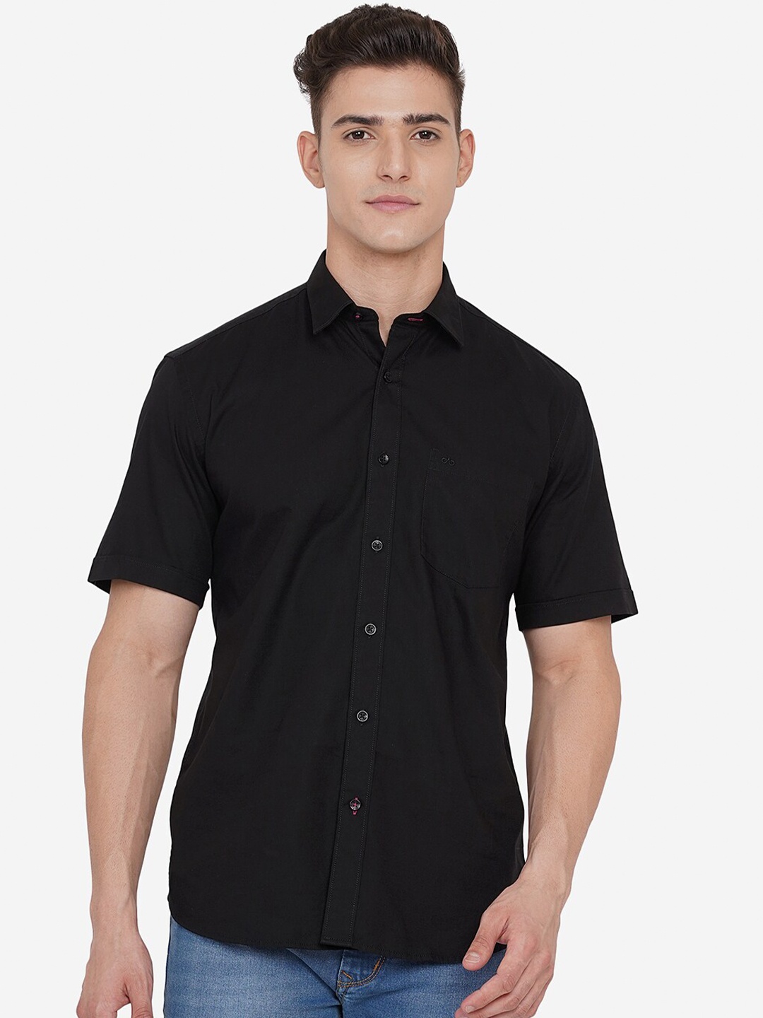 

JADE BLUE Men Black Solid Cotton Slim Fit Custom Casual Shirt
