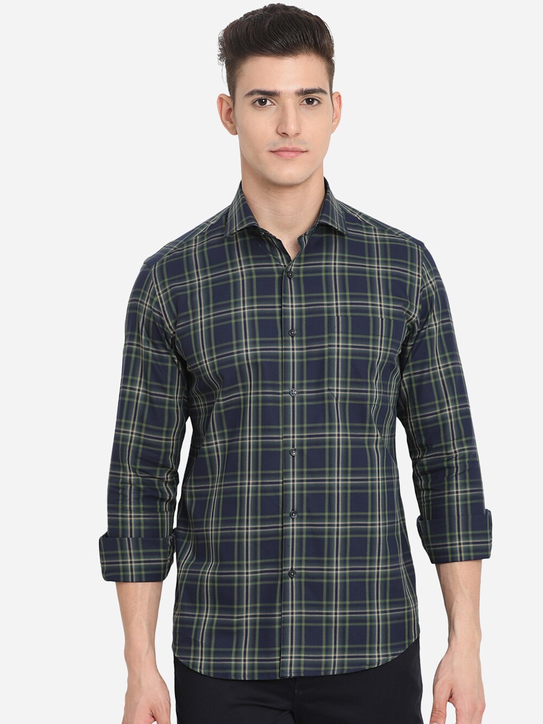 

JADE BLUE Men Blue Custom Tartan Checked Casual Shirt