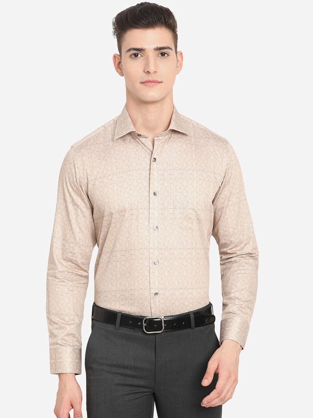 

METAL Men Custom Slim Fit Geometric Printed Casual Shirt, Brown