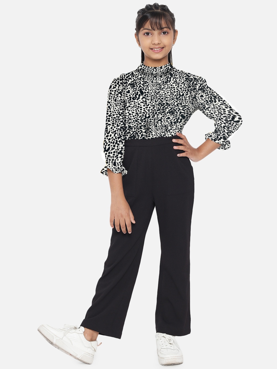 

luyk Girls Black & White Printed Basic Jumpsuit