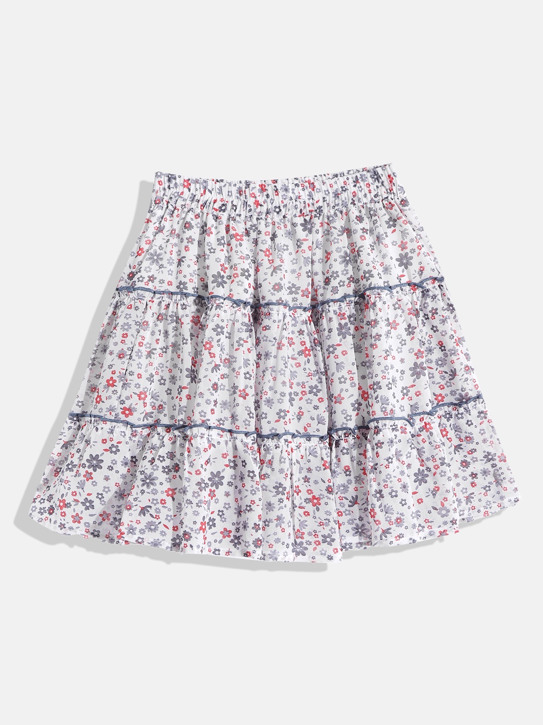 

luyk Girls White & Blue Floral Print Tiered A-Line Skirt
