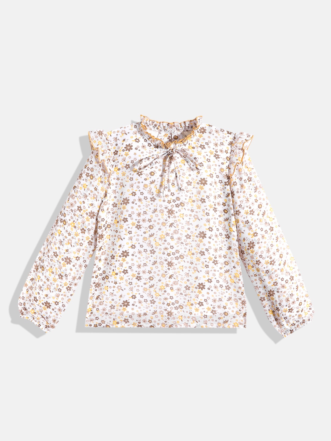 

luyk White & Yellow Floral Print Ruffles Top