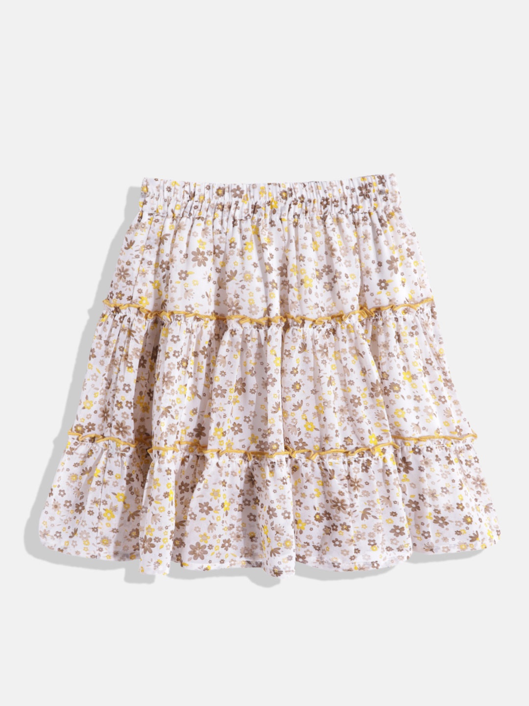 

luyk Girls White & Yellow Floral Print Tiered A-Line Skirt