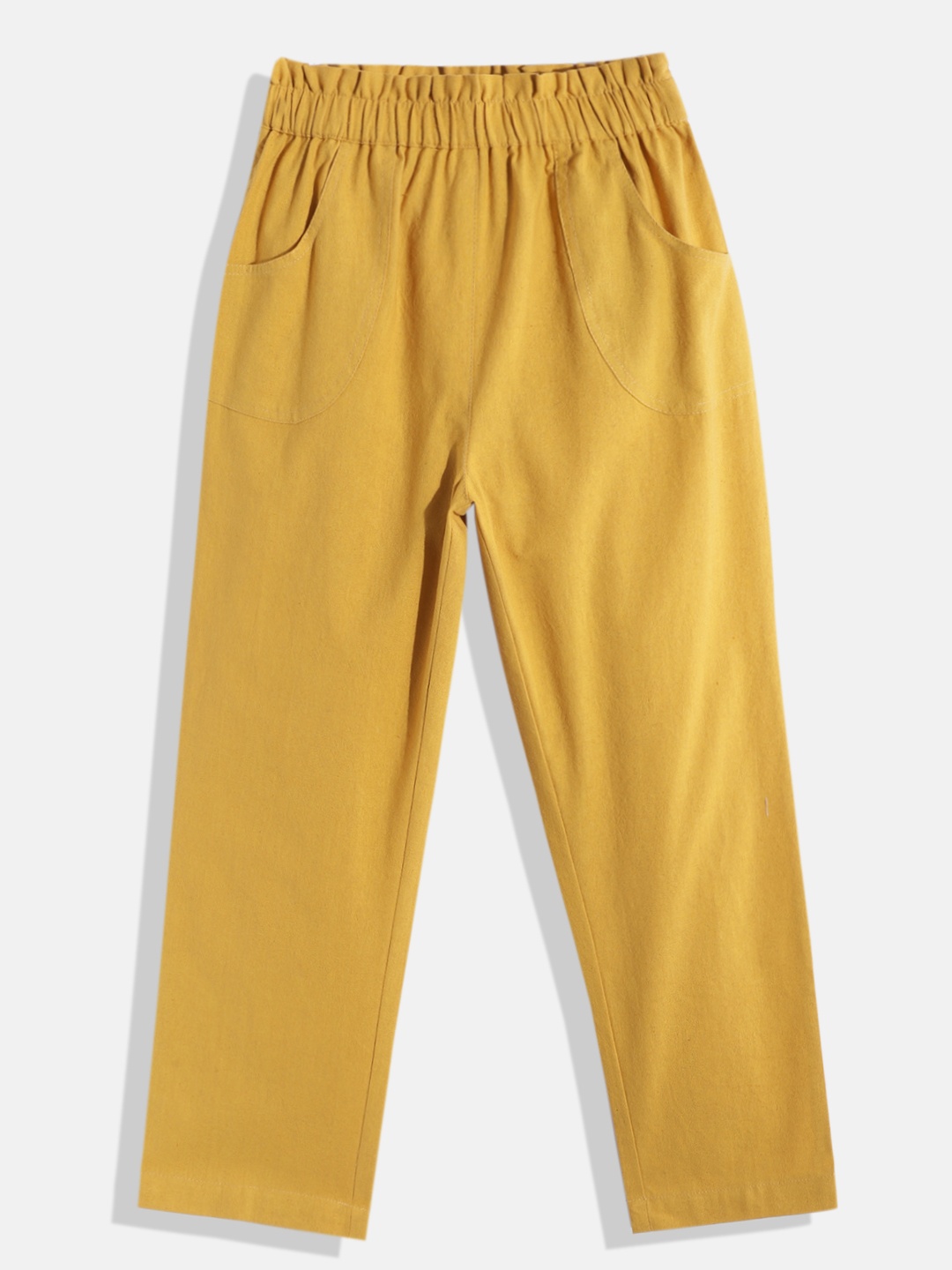 

luyk Girls Mustard Yellow Solid Pure Cotton Pleated Trousers