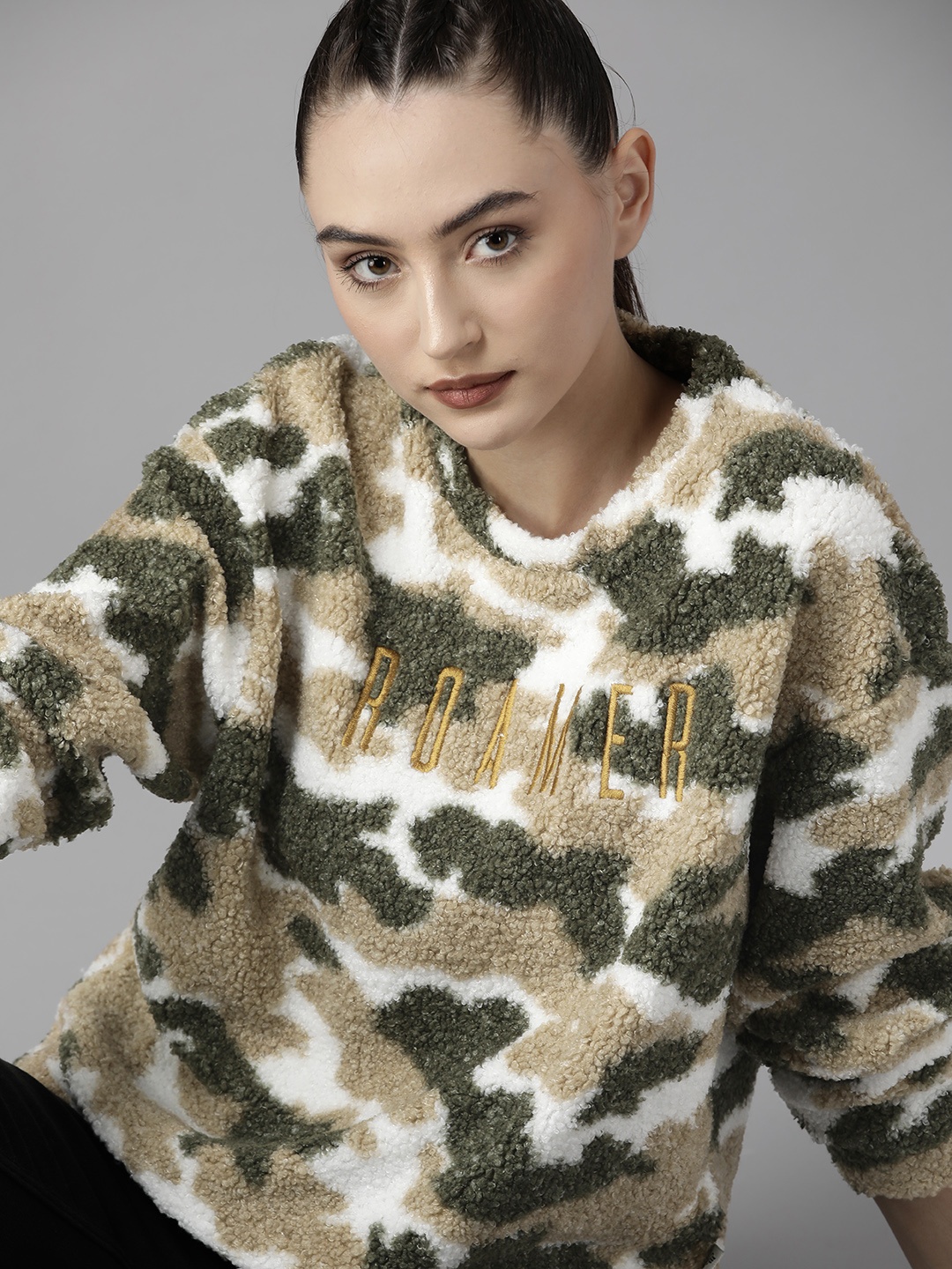 

Roadster Women Olive Green Round Neck Sherpa Pullover
