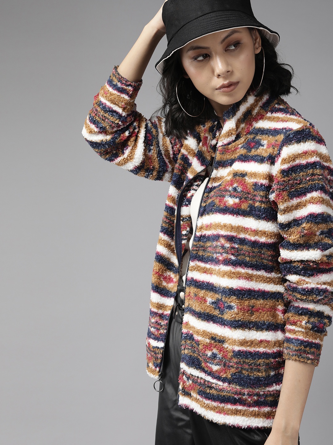 

The Roadster Lifestyle Co. Women Brown & Navy Blue Self-Design Sherpa Sweatshirt