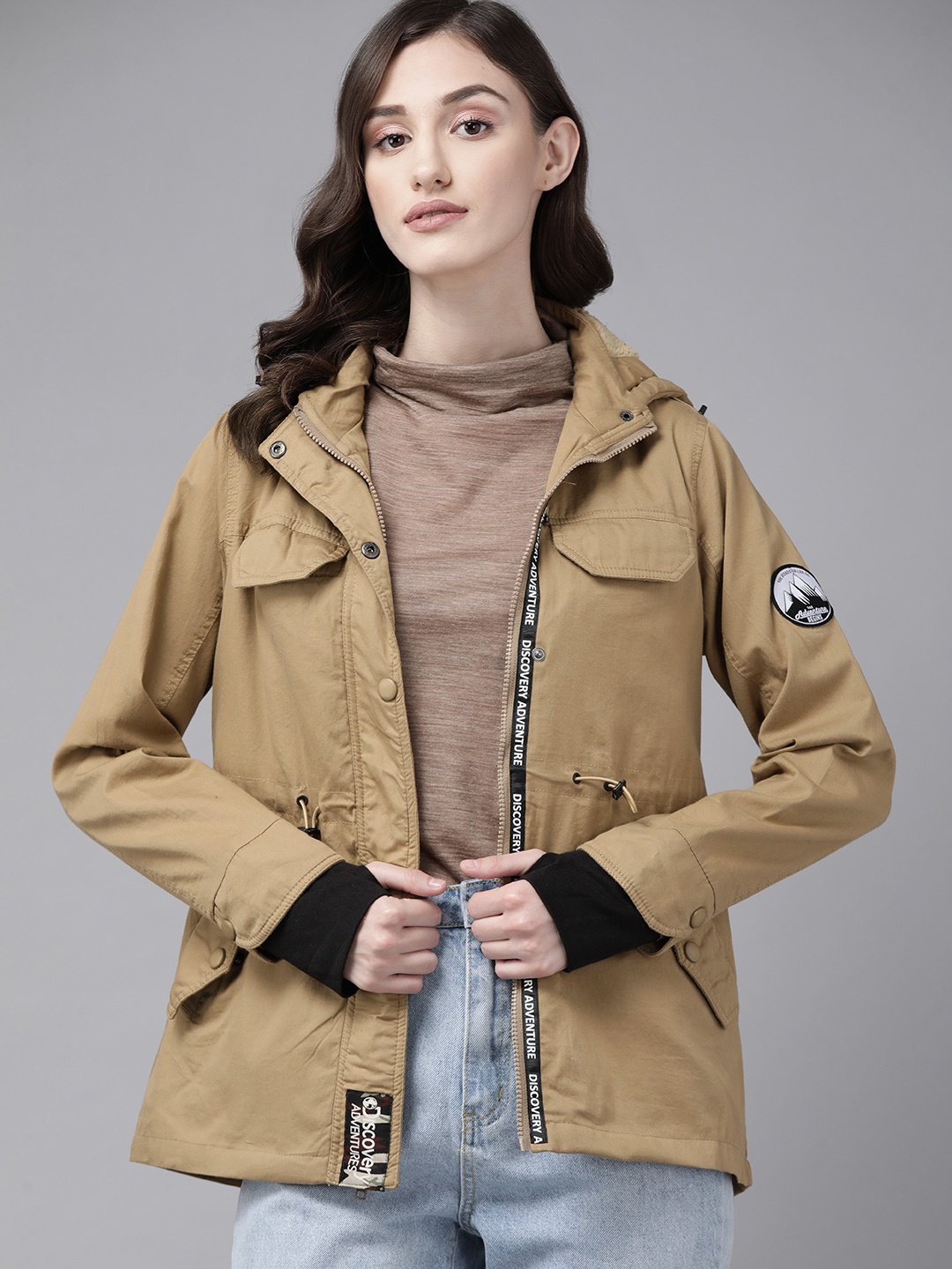 

The Roadster Lifestyle Co. x Discovery Adventures Women Khaki Cotton Solid Hooded Jacket