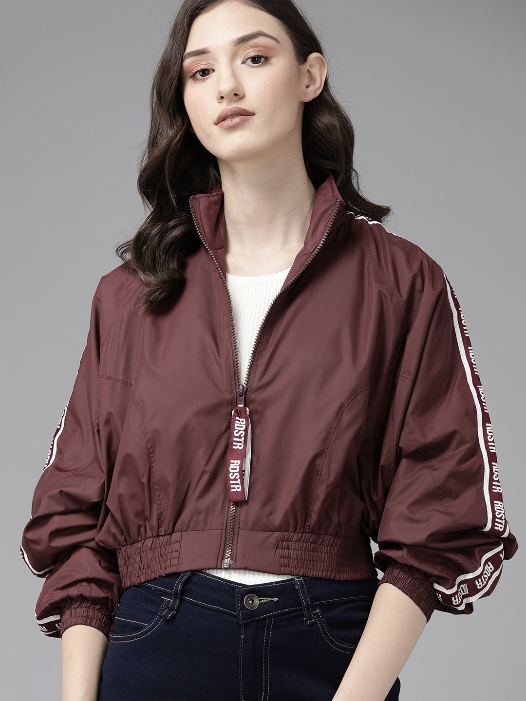 

The Roadster Lifestyle Co. Women Maroon Printed Crop Bomber Jacket