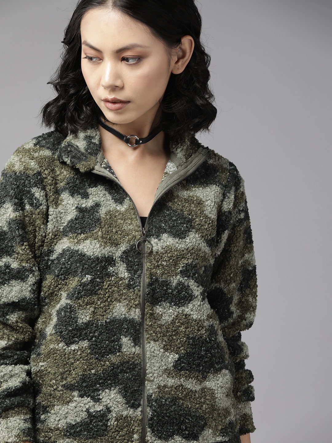 

The Roadster Lifestyle Co. Women Olive Green Camouflage Sherpa Sweatshirt