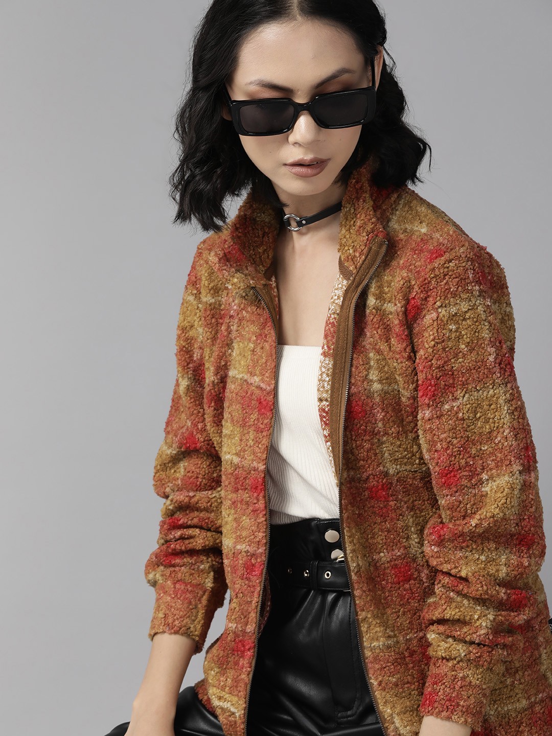 

The Roadster Lifestyle Co. Women Brown & Red Checked Sherpa Sweatshirt
