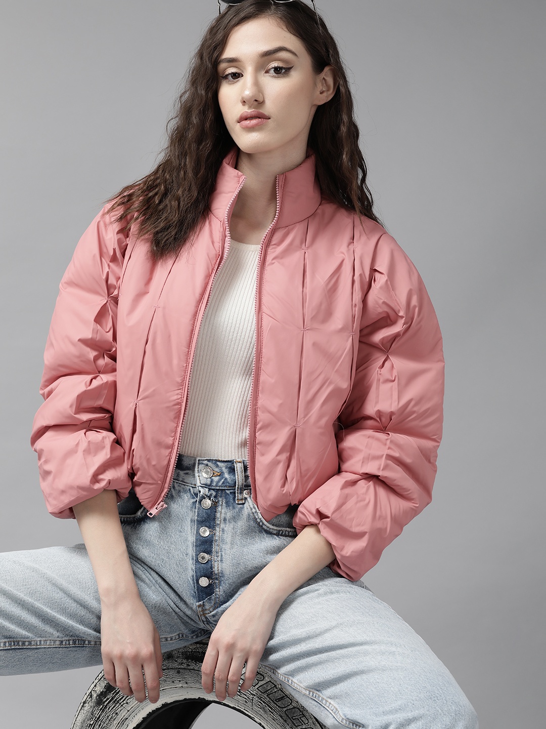 

The Roadster Lifestyle Co. Women Pink Solid Crop Puffer Jacket