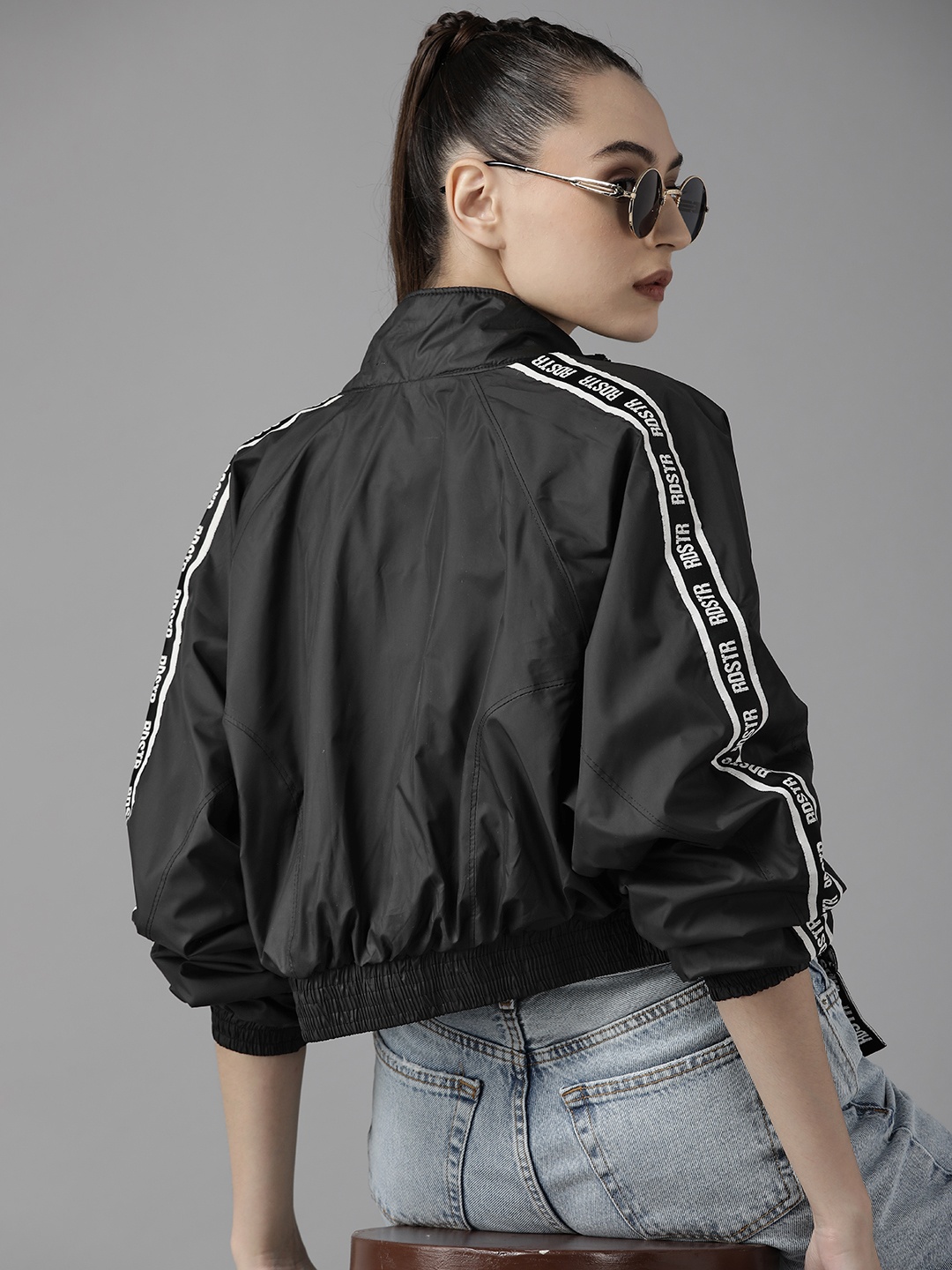 

The Roadster Lifestyle Co. Women Black Solid Crop Windcheater Bomber Jacket