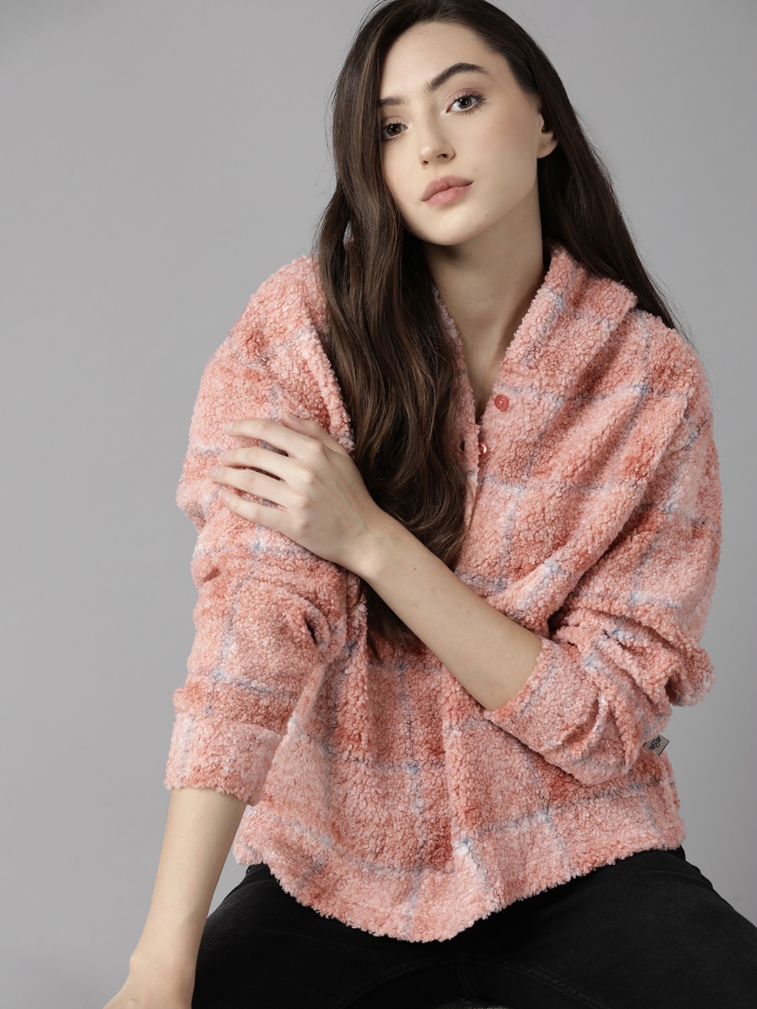 

The Roadster Lifestyle Co. Women Peach-Coloured & Blue Checked Boucle Hooded Sweatshirt
