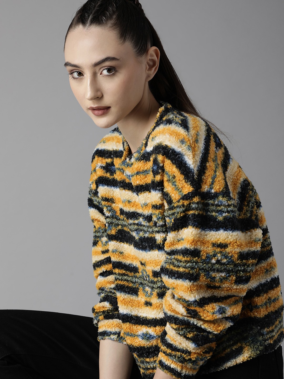 

The Roadster Lifestyle Co. Women Yellow Striped Sweatshirt