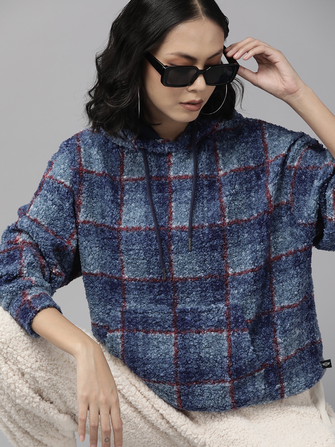 

The Roadster Lifestyle Co. Women Blue & Red Self-Checked Hooded Sweatshirt