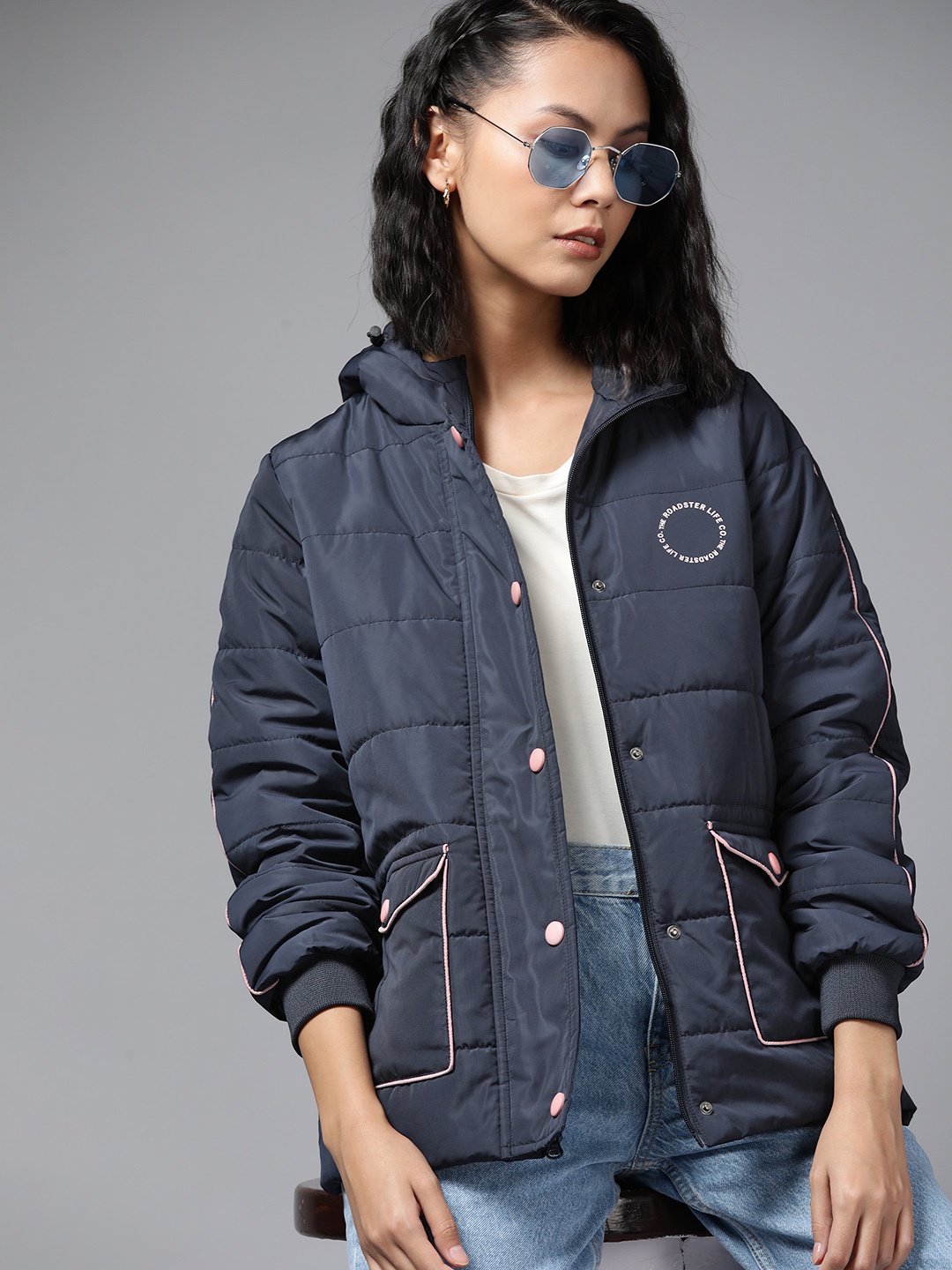 

The Roadster Lifestyle Co. Women Navy Blue Solid Longline Padded Jacket