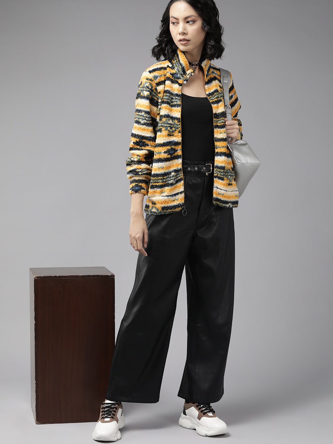 

The Roadster Lifestyle Co. Women Yellow & Navy Blue Self-Design Sherpa Sweatshirt