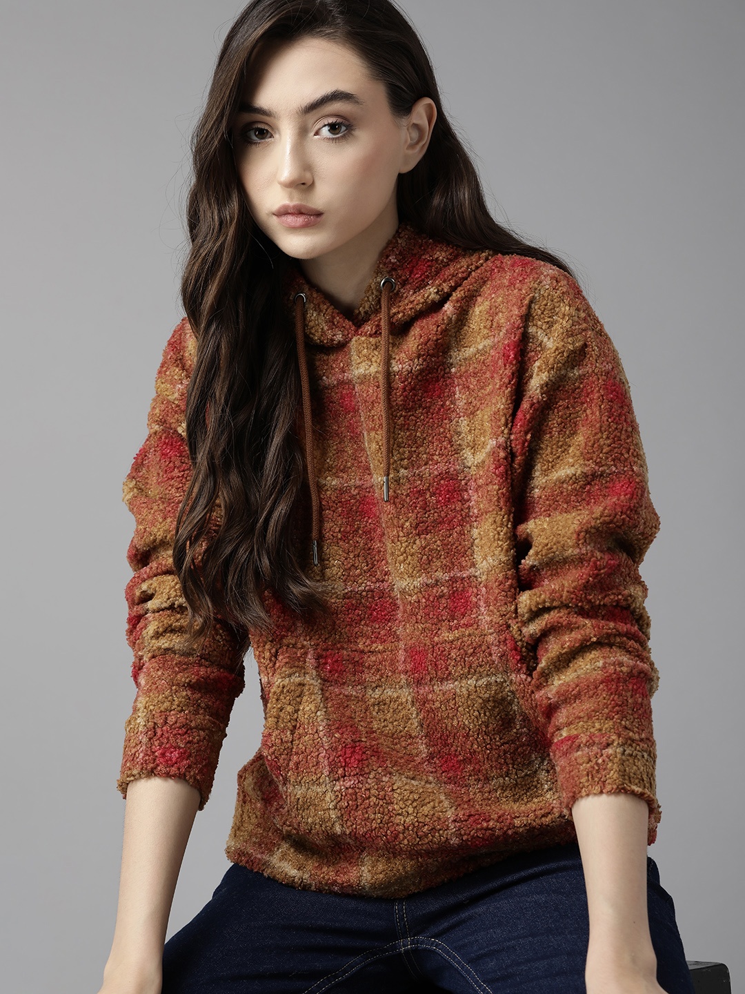 

The Roadster Lifestyle Co. Women Brown & Red Checked Boucle Hooded Sweatshirt