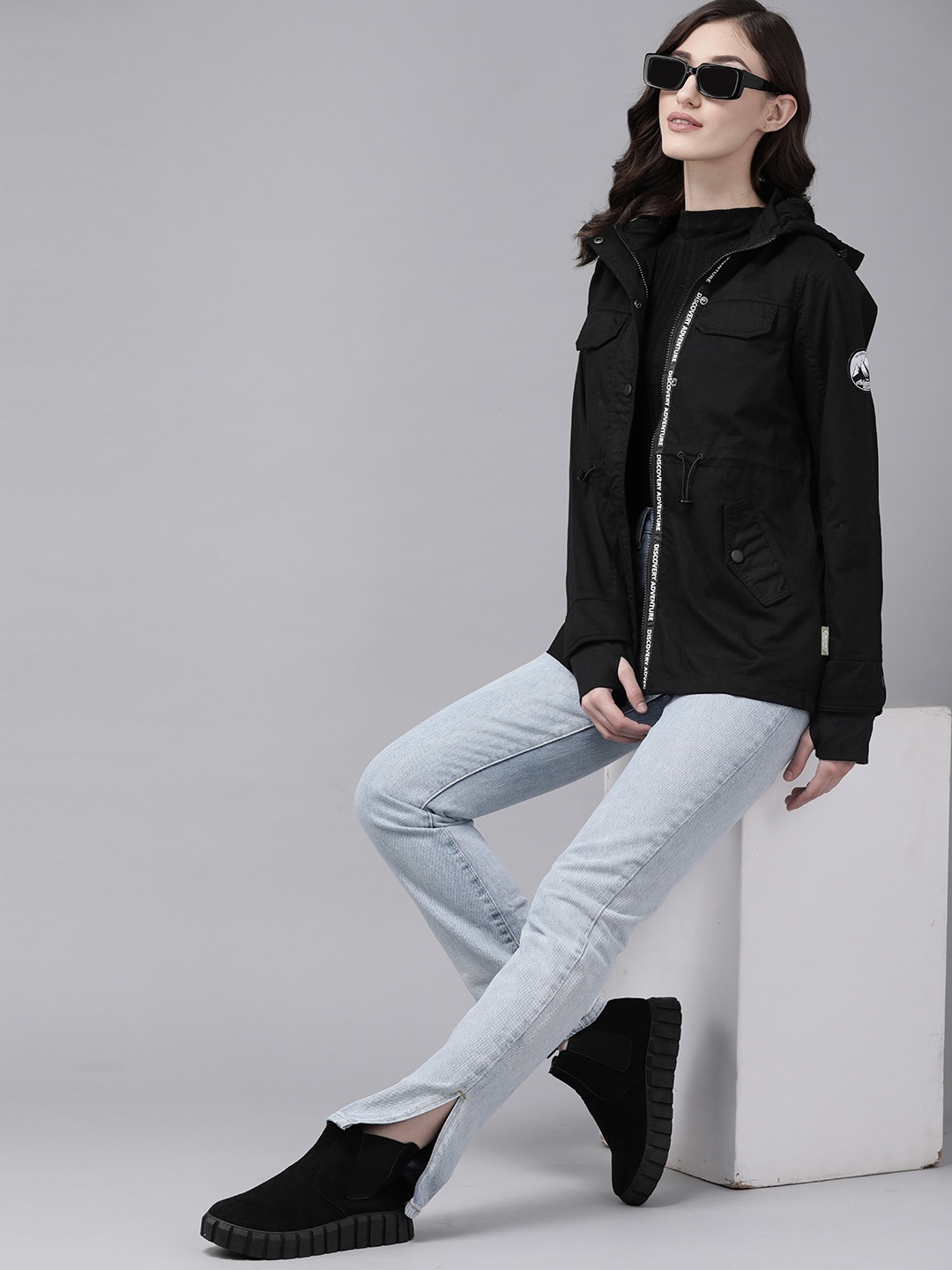 

The Roadster Lifestyle Co. x Discovery Adventures Women Black Cotton Solid Hooded Jacket