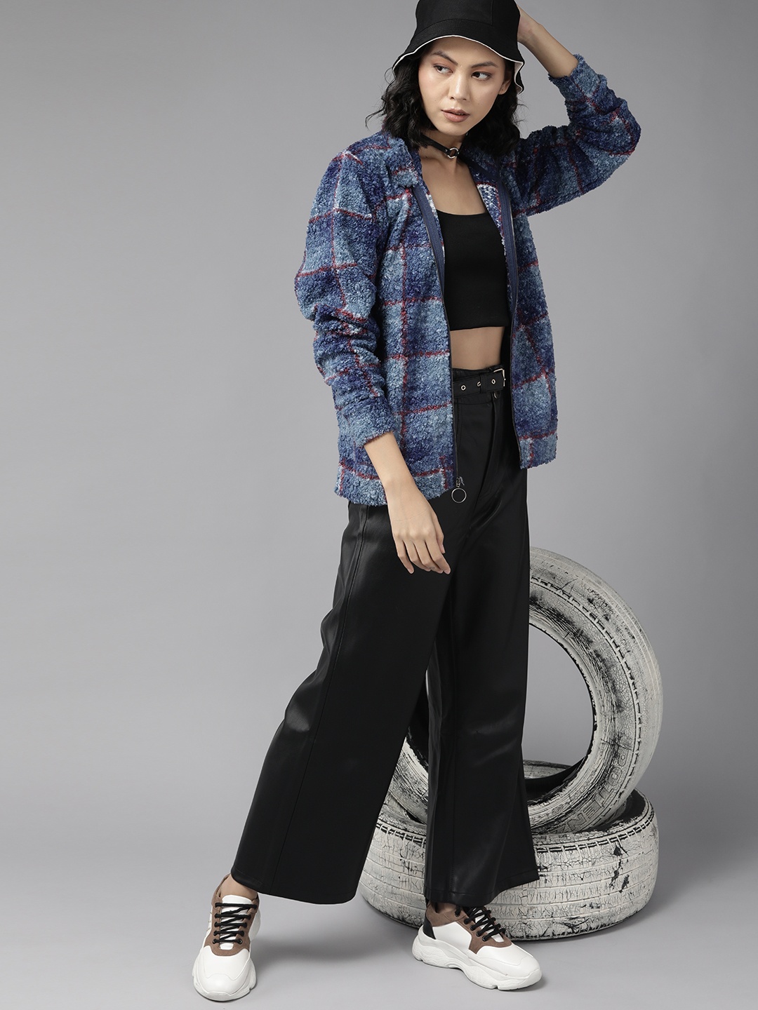 

The Roadster Lifestyle Co. Women Navy Blue & Red Checked Sherpa Sweatshirt