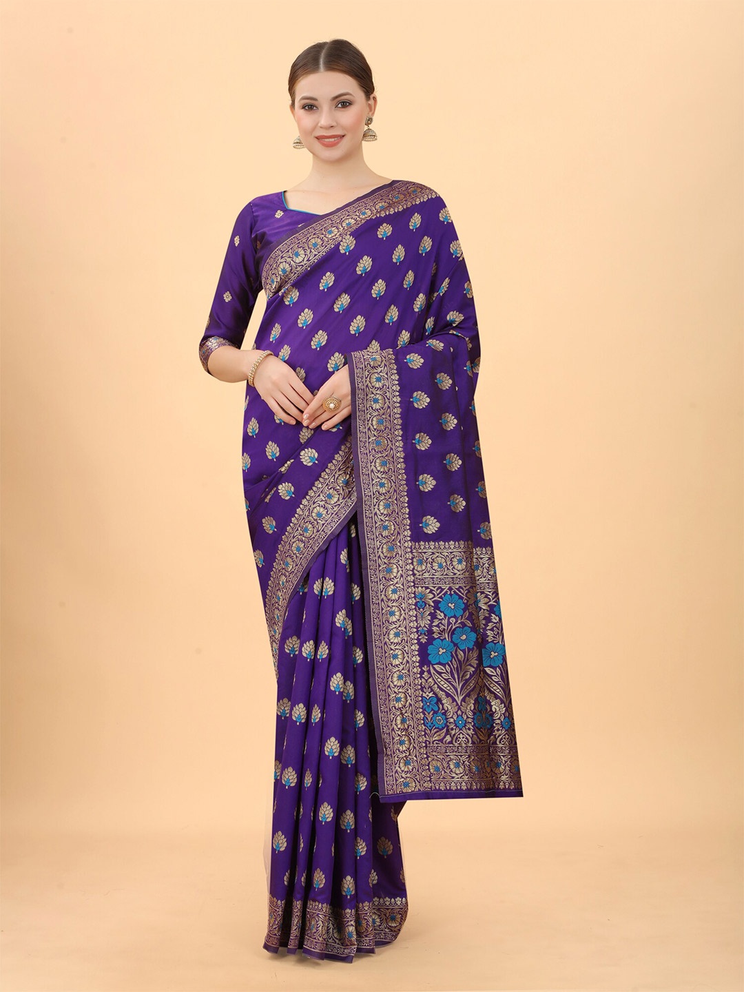 

WELL WORN Purple & Gold-Toned Zari Silk Cotton Banarasi Saree
