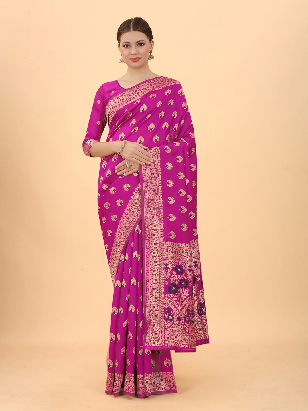 

WELL WORN Pink & Blue Woven Design Zari Silk Cotton Banarasi Saree
