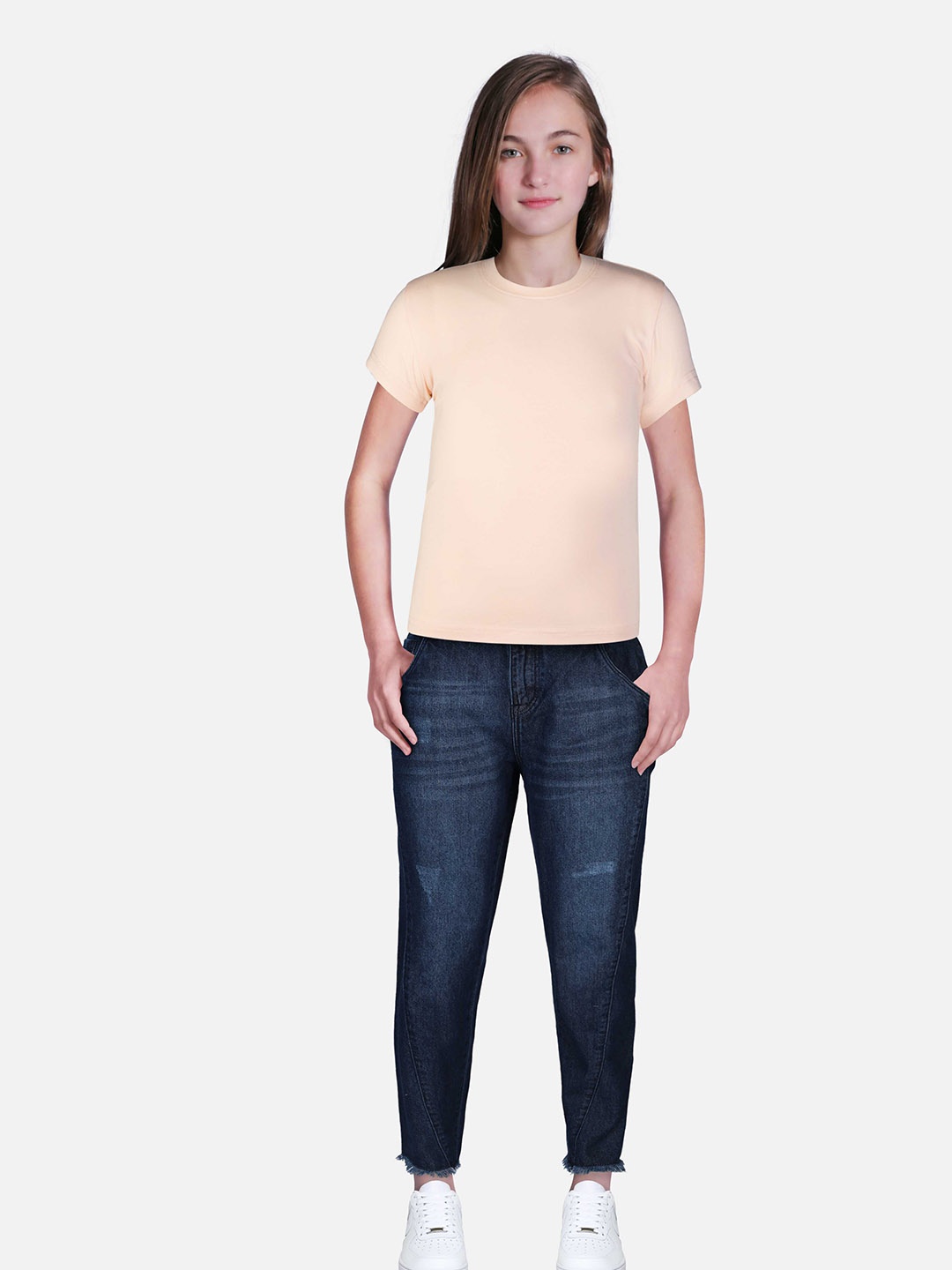 

Gini and Jony Teen -Girls Navy Blue Low Distress Light Fade Cotton Jeans