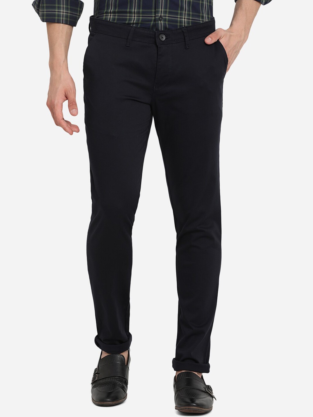

Greenfibre Men Blue Solid Cotton Slim Fit Trousers