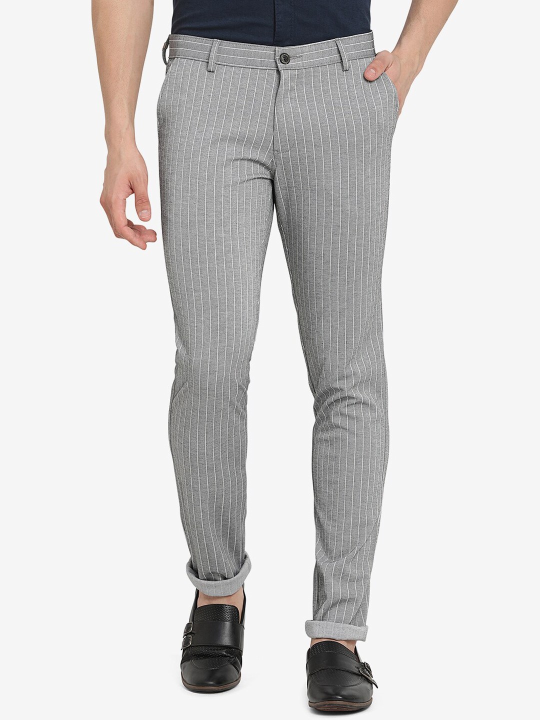 

JADE BLUE Men Grey Checked Slim Fit Trousers