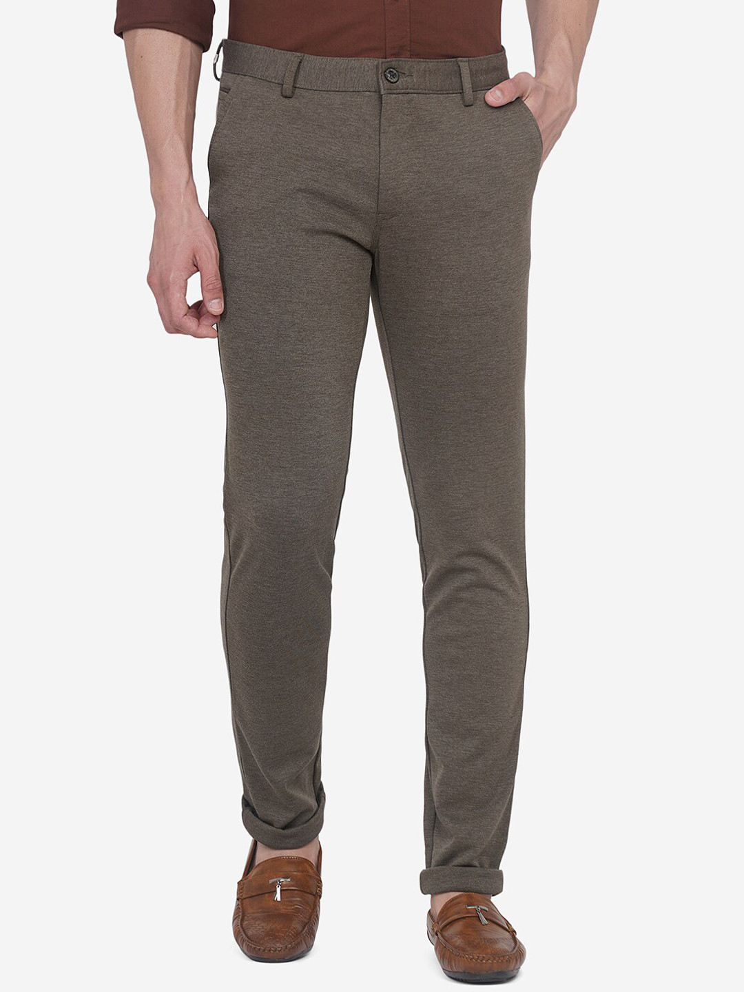 

JADE BLUE Men Brown Slim Fit Solid Cotton Trousers