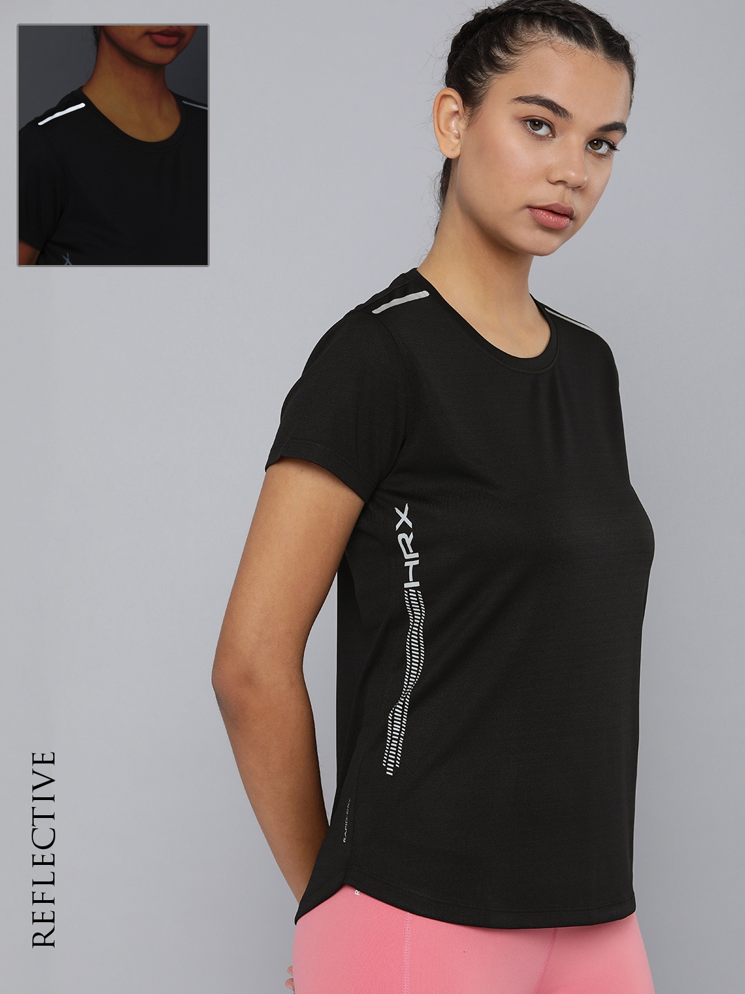 

HRX by Hrithik Roshan Women Black Printed Rapid-Dry T-shirt with Reflective Strips