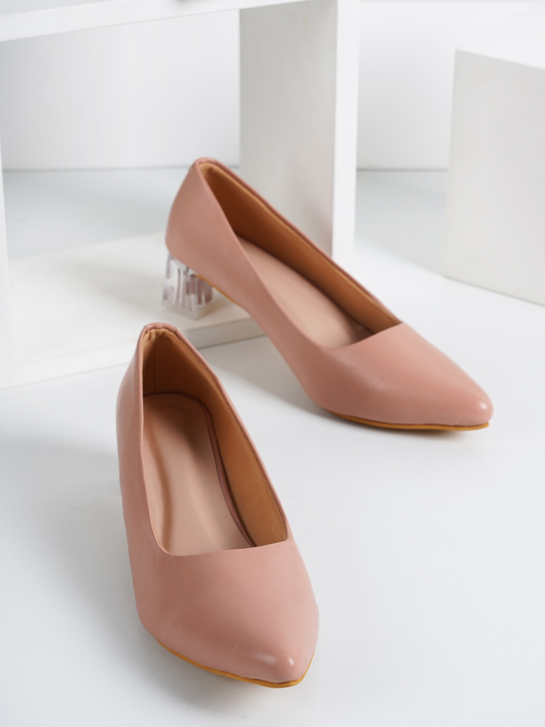 

SCENTRA Nude-Coloured Embellished Party Block Pumps with Buckles