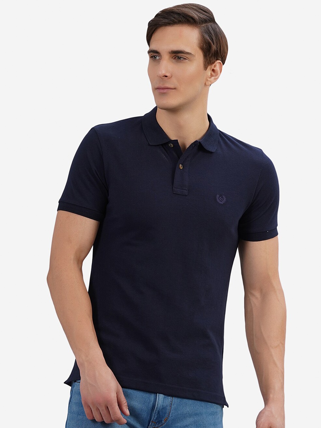 

Greenfibre Men Blue Polo Collar Slim Fit T-shirt
