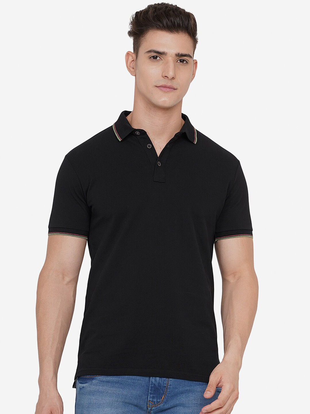 

JADE BLUE Men Black Polo Collar Pure Cotton Slim Fit T-shirt