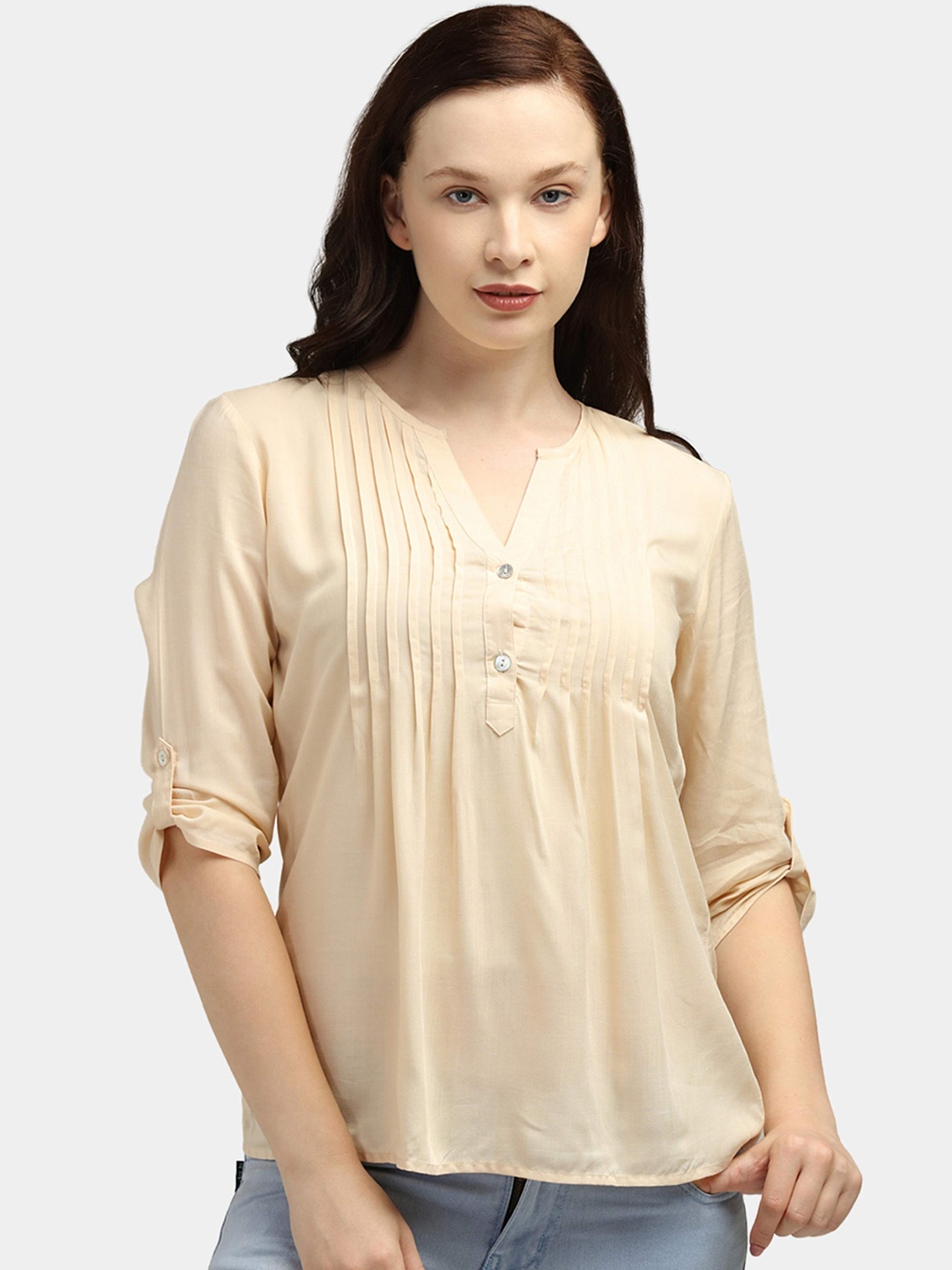 

IDK Cream-Coloured Solid Roll-Up Sleeves Top