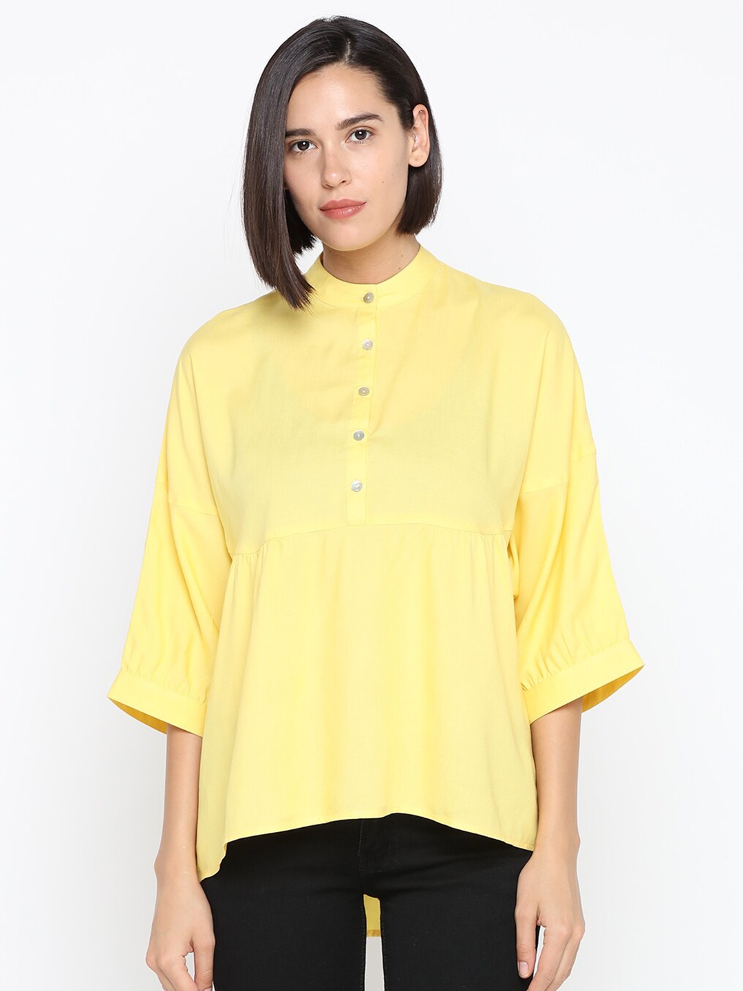 

IDK Yellow Mandarin Collar Extended Sleeves Empire Top