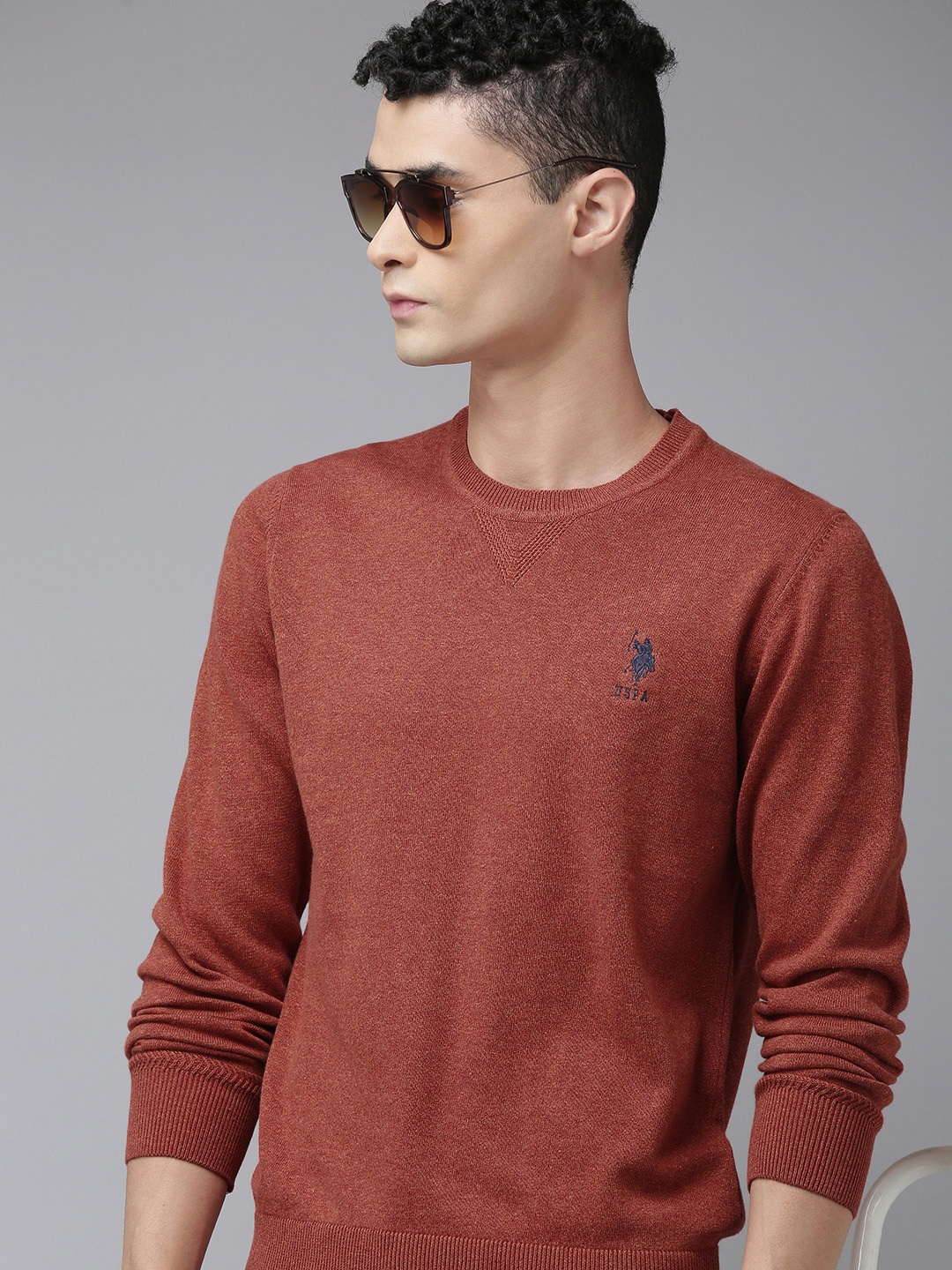 

U S Polo Assn Men Rust Pure Cotton Pullover with Embroidered Detail