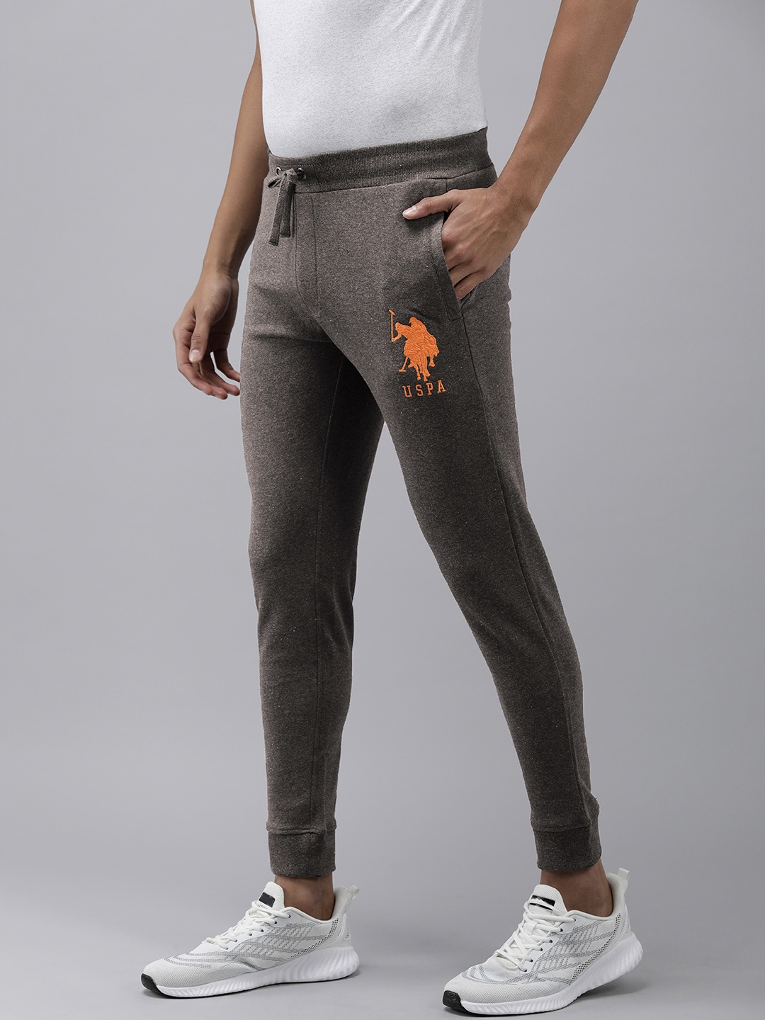 

U.S. Polo Assn. Men Solid Mid Rise Joggers With Brand Logo Embroidered Detailing, Grey