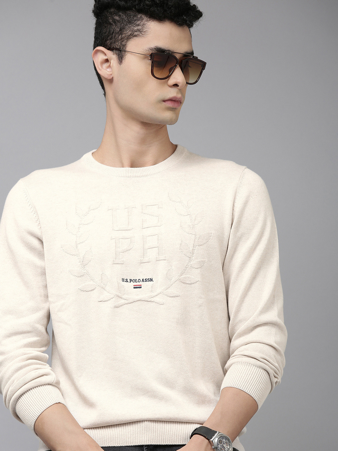 

U S Polo Assn Men Off White Brand Logo Printed Pullover