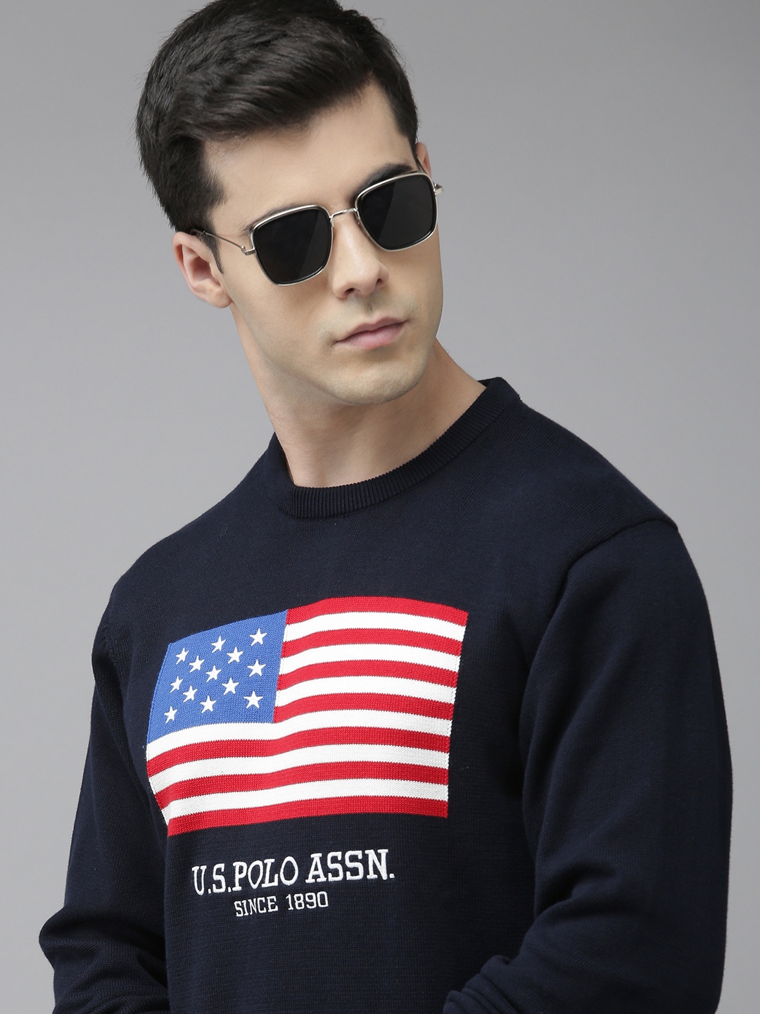 

U.S. Polo Assn. Men Navy Blue Graphic Print Pure Cotton Pullover