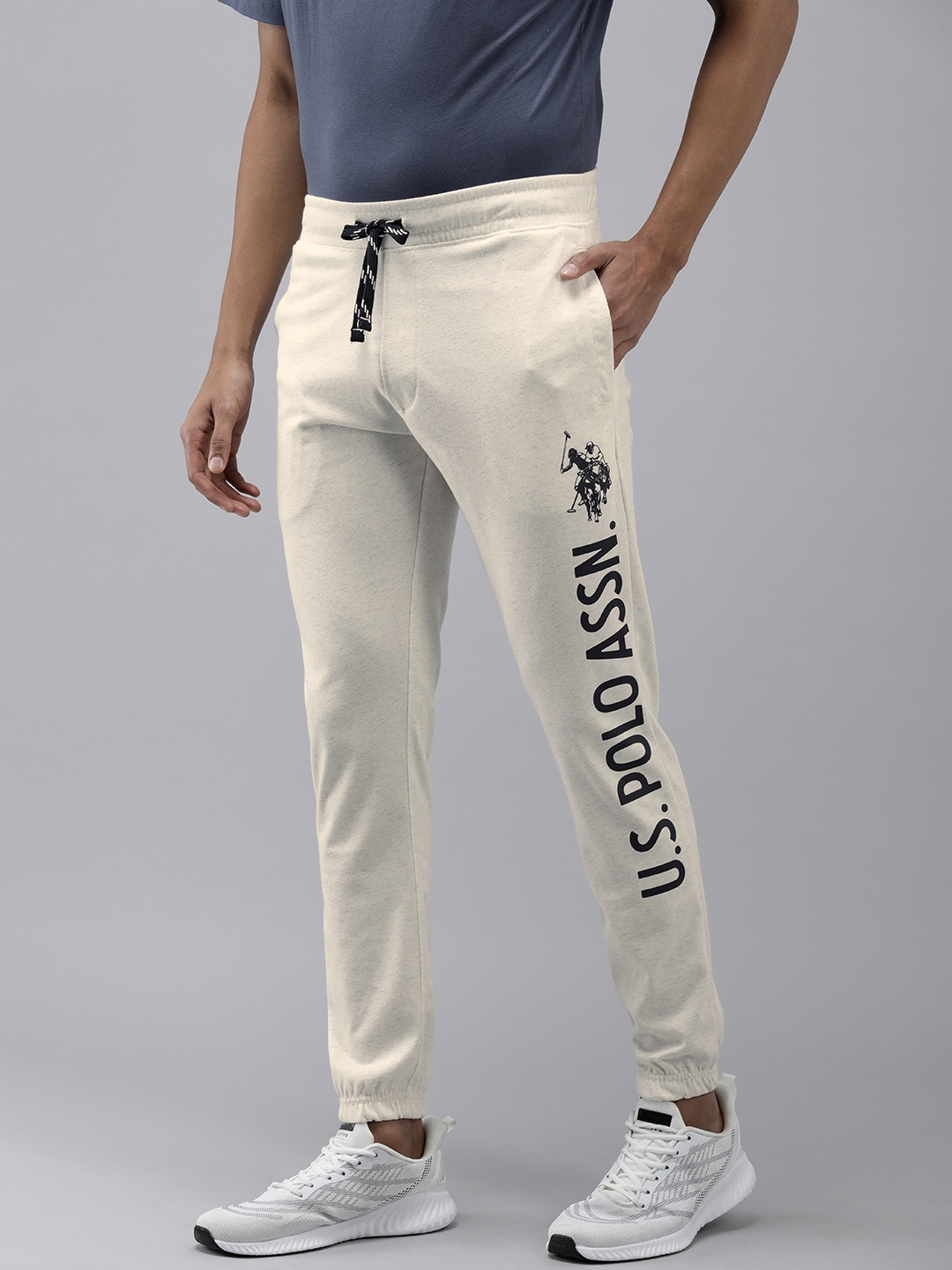 

U.S. Polo Assn. Men Brand Logo Printed Mid Rise Jogger, Cream
