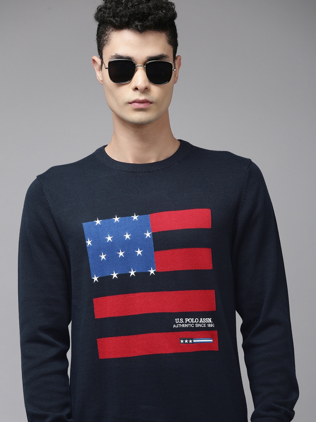 

U S Polo Assn Men Navy Blue Printed Pullover