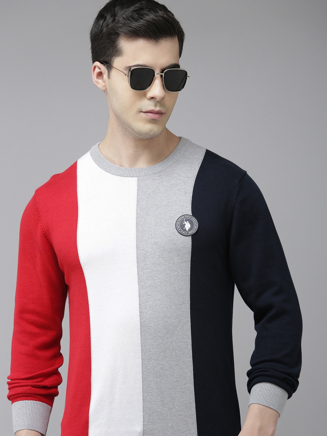 

U.S. Polo Assn. Men Red & Grey Melange Colourblocked Pullover Sweater
