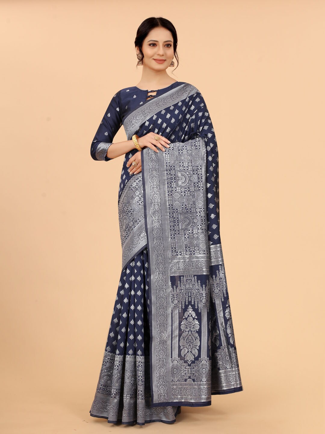 

WELL WORN Navy Blue & Silver-Toned Woven Design Zari Silk Cotton Banarasi Saree