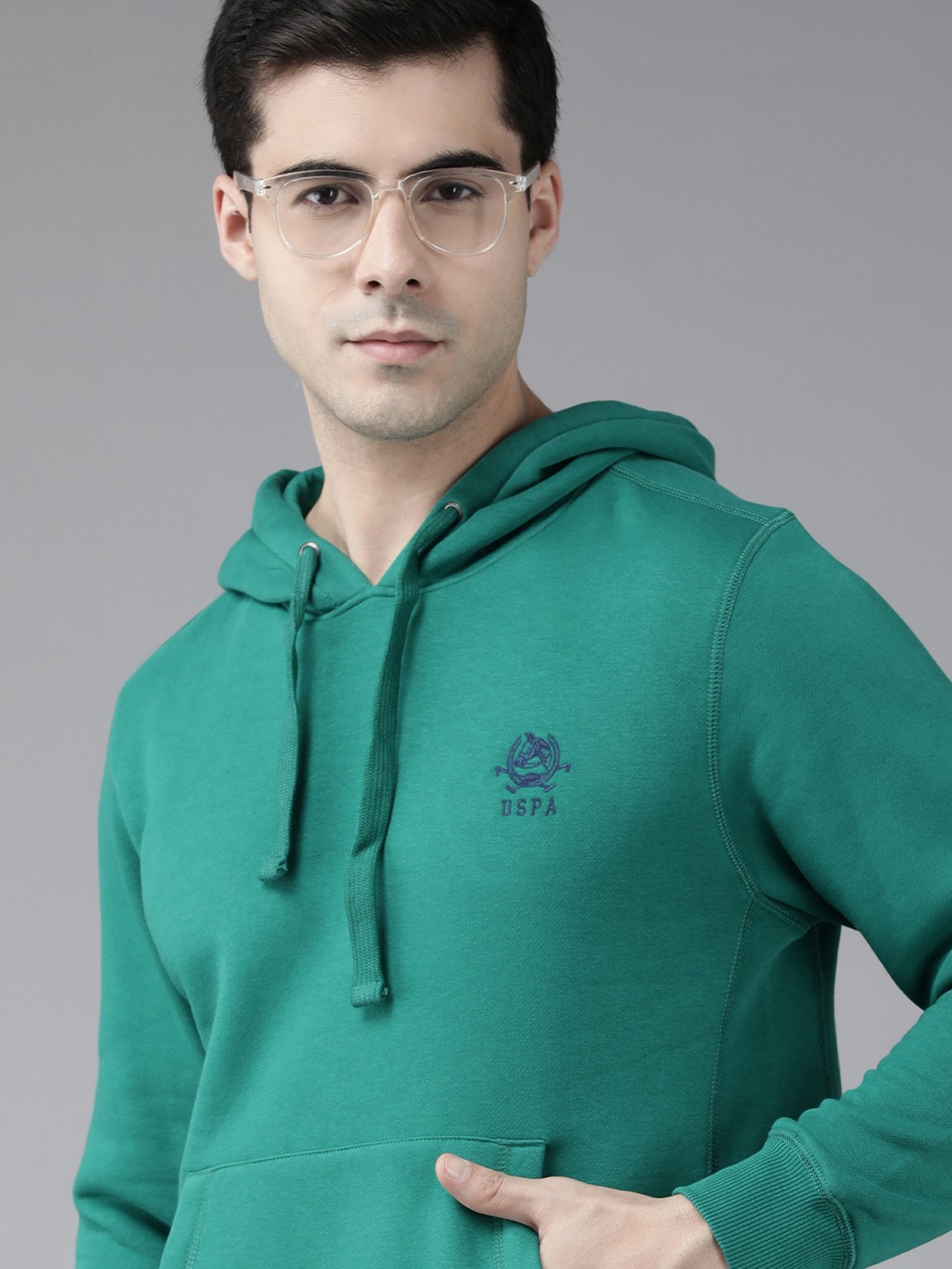 

U S Polo Assn Men Teal Green Brand Logo Embroidered Hooded Sweatshirt