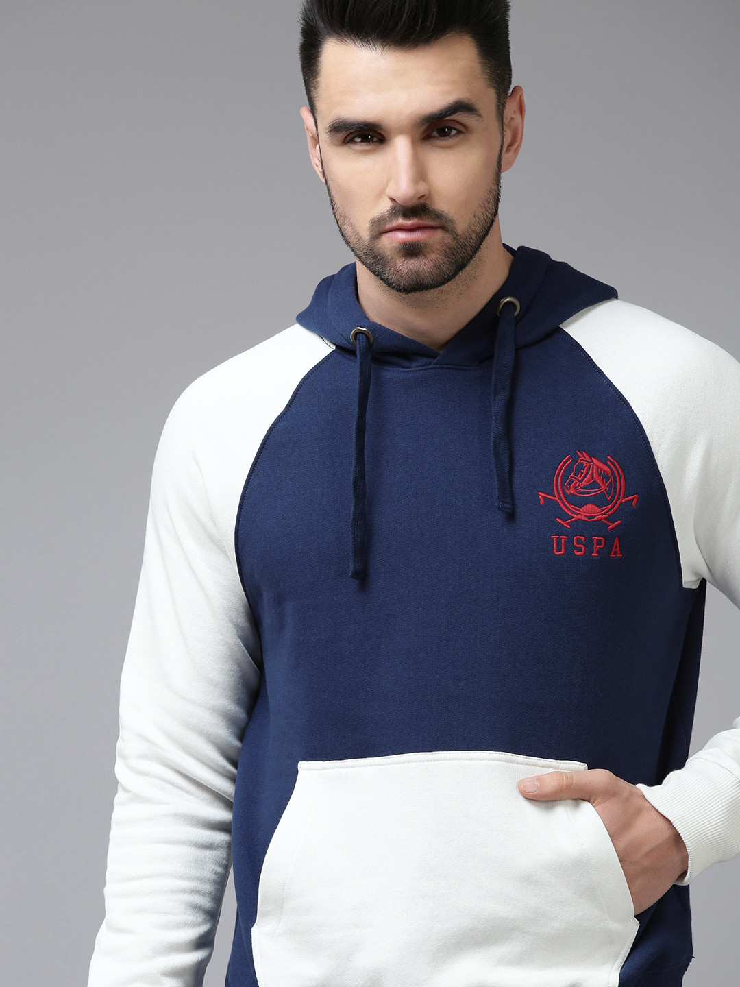 

U.S. Polo Assn. Men Blue And White Colourblocked Hooded Pure Cotton Sweatshirt