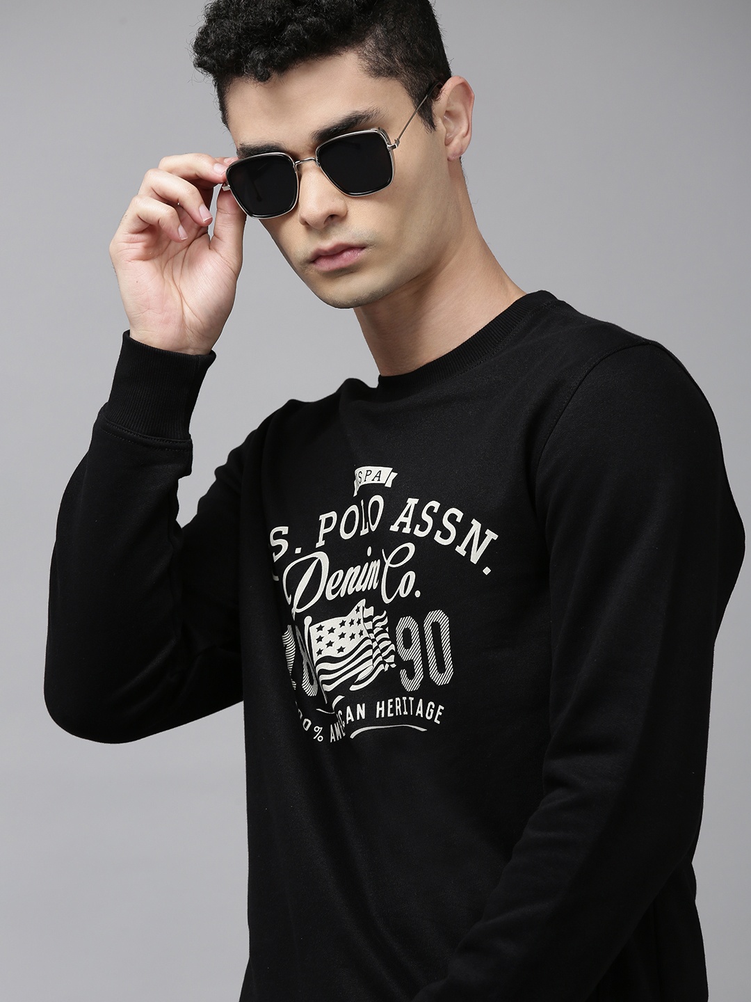 

U.S. Polo Assn. Men Black Printed Pure Cotton Sweatshirt