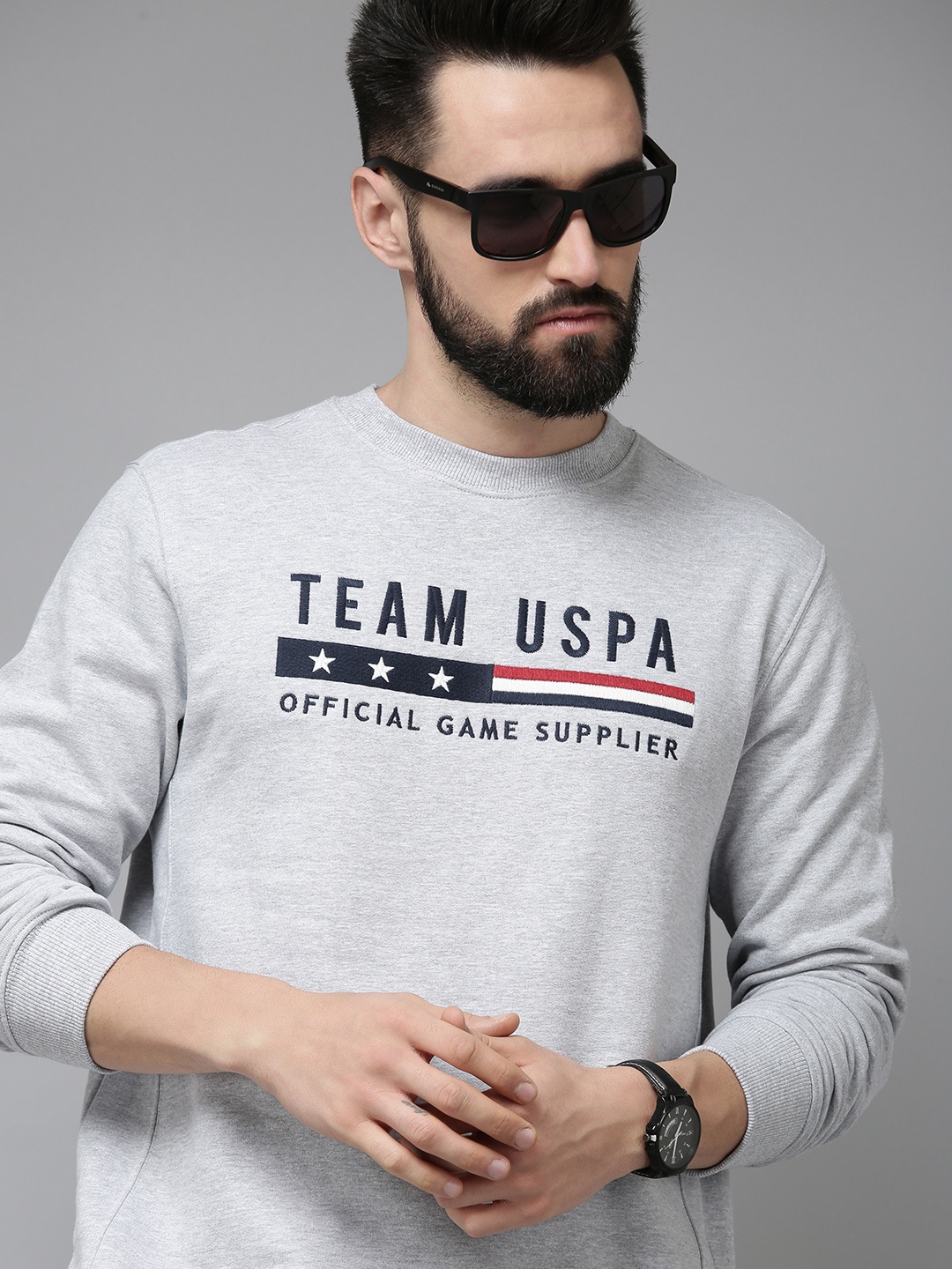 

U.S. Polo Assn. Men Grey Melange Brand Logo Embroidered Sweatshirt