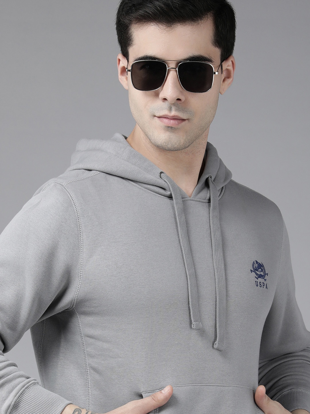 

U S Polo Assn Men Grey Embroidered Hooded Pullover Sweatshirt